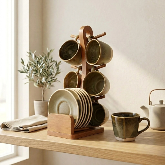 Coffee Cup and Saucer Set 6 Pcs With Wooden Stand